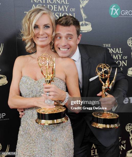 Actors Eileen Davidson and Billy Miller pose in the press room at the 41st Annual Daytime Emmy Awards at The Beverly Hilton Hotel on June 22, 2014 in...