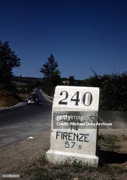 View of a Kilometers marker sign showing how far Poggibonsi and Florence are in Italy.