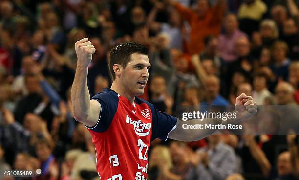 Olafur Gustafsson of Flensburg celebrates during the VELUX EHF Handball Champions League group D match between SG Flensburg-Handewitt and HSV Hamburg...