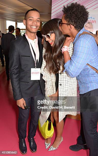 Jameela Jamil poses with Harley "Sylvester" Alexander-Sule and Jordan "Rizzle" Stephens of Rizzle Kicks at the evian Live Young suite on the opening...