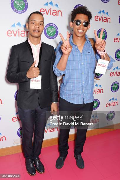 Harley "Sylvester" Alexander-Sule and Jordan "Rizzle" Stephens of Rizzle Kicks attend the evian Live Young suite on the opening day of Wimbledon at...