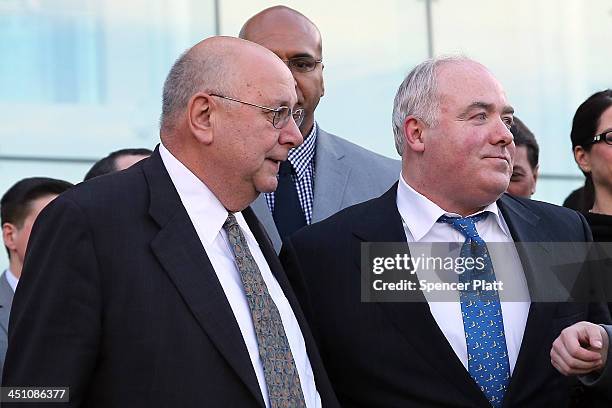 Kennedy relative Michael Skakel stands with lawyer Hubert Santos after walking out of a Stamford, Connecticut courthouse after his murder conviction...