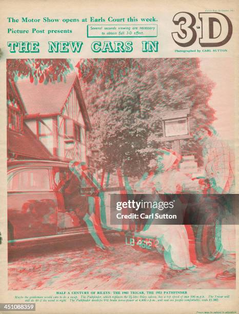 The cover of a 3D supplement issued with Picture Post magazine to mark the forthcoming Motor Show, October 1953. The cover features an anaglyph 3D...