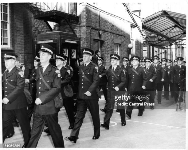 View as new Traffic Wardens on parade at Peel House in London, England. Circa 1950.