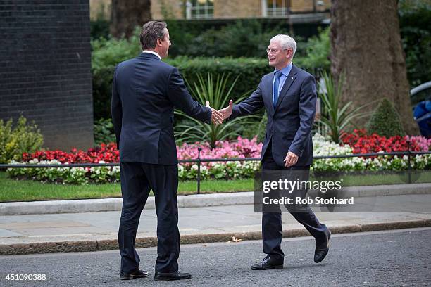 British Prime Minster David Cameron greets President of the European Council Herman Van Rompuy at Downing Street on June 23, 2014 in London, England....