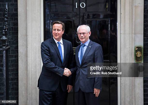 British Prime Minster David Cameron greets President of the European Council Herman Van Rompuy outside 10 Downing Street on June 23, 2014 in London,...