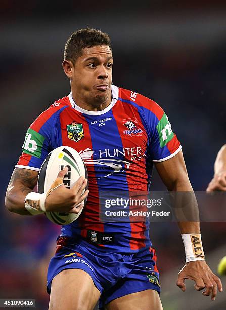 Dane Gagai of the Knights runs the ball during the round 15 NRL match between the Newcastle Knights and the North Queensland Cowboys at Hunter...