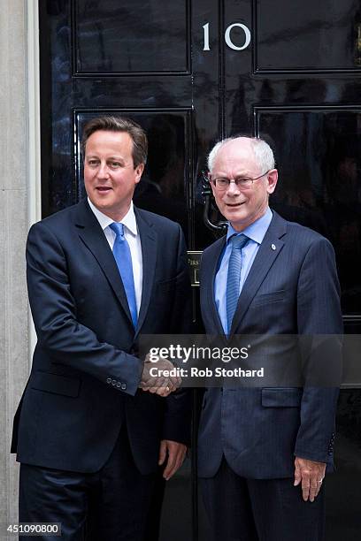 British Prime Minster David Cameron greets President of the European Council Herman Van Rompuy outside 10 Downing Street on June 23, 2014 in London,...