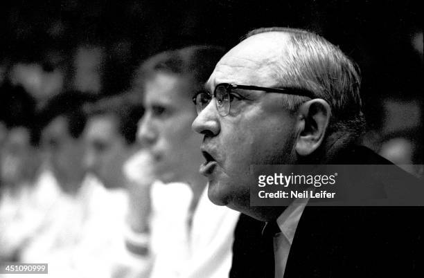 Closeup of Kentucky head coach Adolph Rupp on sidelines during game vs Mississippi at Memorial Coliseum. Lexington, KY 2/10/1962 CREDIT: Neil Leifer