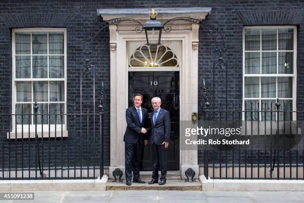 British Prime Minster David Cameron greets President of the European Council Herman Van Rompuy outside 10 Downing Street on June 23, 2014 in London,...