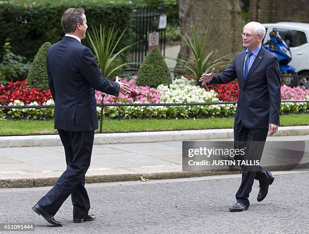 British Prime Minister David Cameron greets President of the European Council, Herman Van Rompuy outside 10 Downing Street, in central London on June...