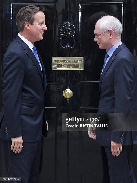 British Prime Minister David Cameron greets President of the European Council, Herman Van Rompuy outside 10 Downing Street, in central London on June...