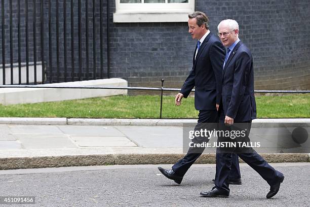 British Prime Minister David Cameron greets President of the European Council, Herman Van Rompuy outside 10 Downing Street, in central London on June...