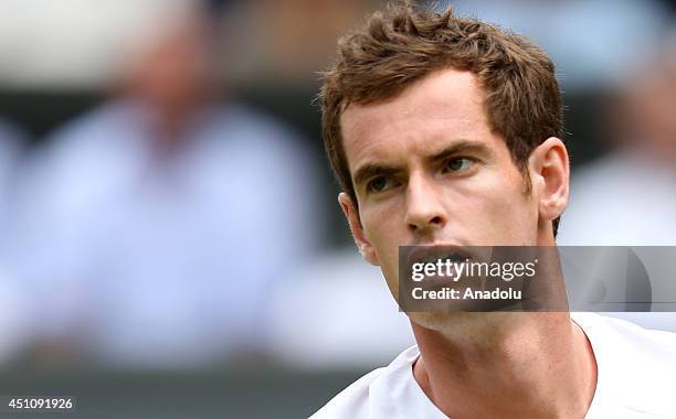 Andy Murray of Great Britain is seen during his Gentlemen's Singles first round match against David Goffin of Belgium on day one of the Wimbledon...