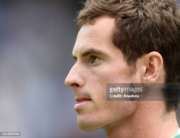Andy Murray of Great Britain is seen during his Gentlemen's Singles first round match against David Goffin of Belgium on day one of the Wimbledon...