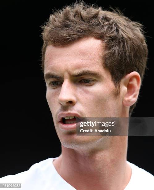 Andy Murray of Great Britain is seen during his Gentlemen's Singles first round match against David Goffin of Belgium on day one of the Wimbledon...