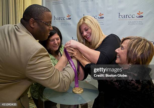 Tito Jackson, Boston City Councilor, Olympic Gold Medalist, Kayla Harrison, Gina Scaramella, Executive Director BARCC, and Janet Yassen, a founder of...