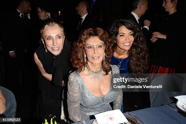 Franca Sozzani, Sophia Loren and Afef Jnifen attend The Pirelli Calendar 50th Anniversary Dinner on November 21, 2013 in Milan, Italy.