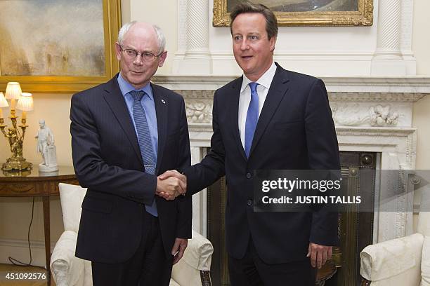 British Prime Minister David Cameron greets President of the European Council, Herman Van Rompuy inside 10 Downing Street, in central London on June...