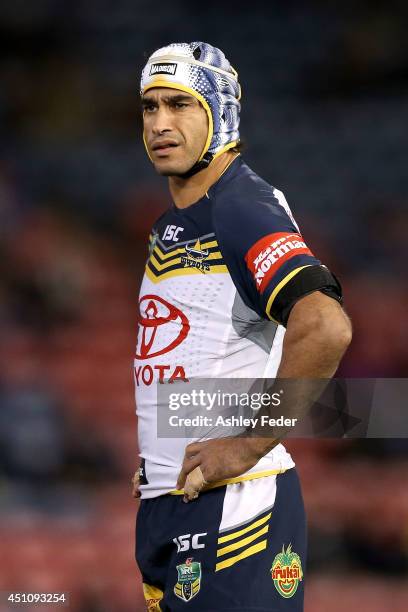 Johnathan Thurston of the Cowboys watches on during the round 15 NRL match between the Newcastle Knights and the North Queensland Cowboys at Hunter...