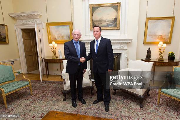 British Prime Minster David Cameron greets President of the European Council Herman Van Rompuy inside 10 Downing Street on June 23, 2014 in London,...