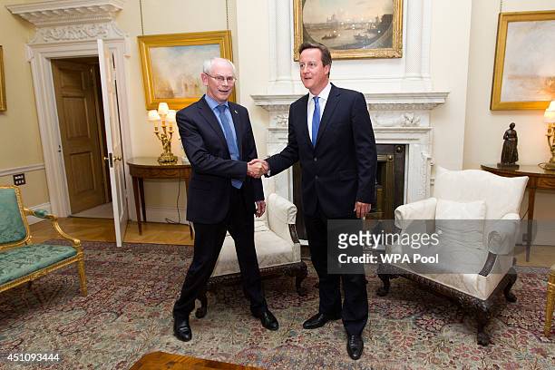 British Prime Minster David Cameron greets President of the European Council Herman Van Rompuy inside 10 Downing Street on June 23, 2014 in London,...