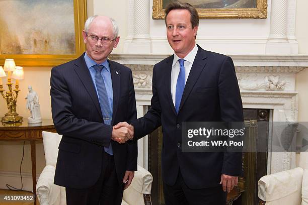 British Prime Minster David Cameron greets President of the European Council Herman Van Rompuy inside 10 Downing Street on June 23, 2014 in London,...