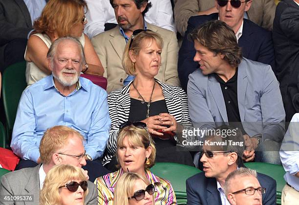 David Jason, Gill Hinchcliffe and John Bishop attend the Andy Murray v David Goffin match on centre court during day one of the Wimbledon...