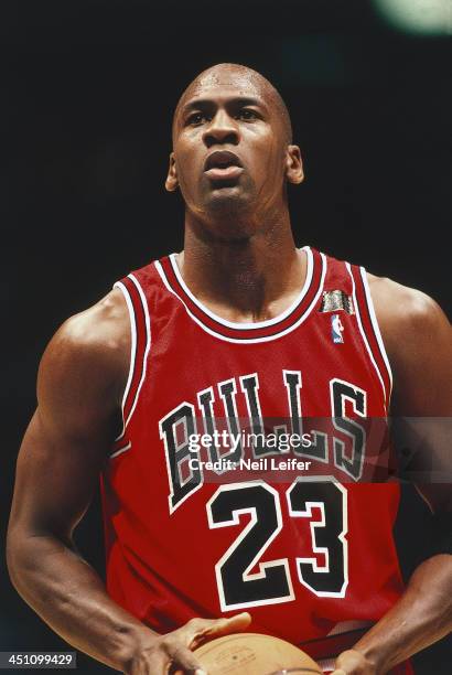 Chicago Bulls Michael Jordan in action, taking foul shot vs New Jersey Nets at Brendan Byrne Arena. Sequence. East Rutherford, NJ CREDIT: Neil Leifer