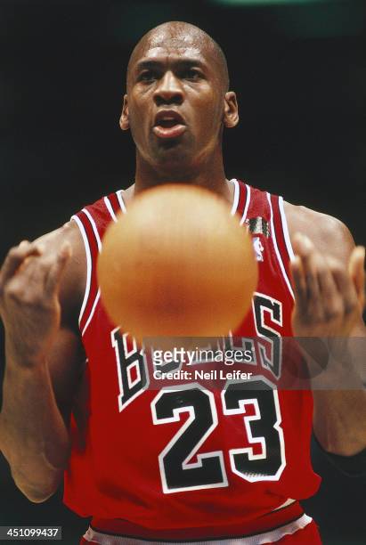 Chicago Bulls Michael Jordan in action, taking foul shot vs New Jersey Nets at Brendan Byrne Arena. Sequence. East Rutherford, NJ CREDIT: Neil Leifer