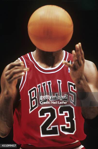 Chicago Bulls Michael Jordan in action, taking foul shot vs New Jersey Nets at Brendan Byrne Arena. Sequence. East Rutherford, NJ CREDIT: Neil Leifer