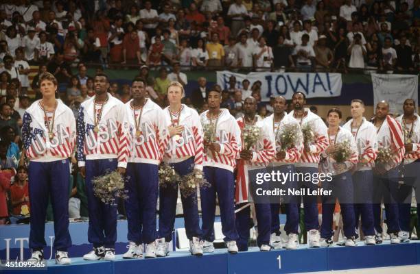 Summer Olympics: Team USA Christian Laettner, David Robinson, Patrick Ewing, Larry Bird, Scottie Pippen, Michael Jordan, Clyde Drexler, Karl Malone,...