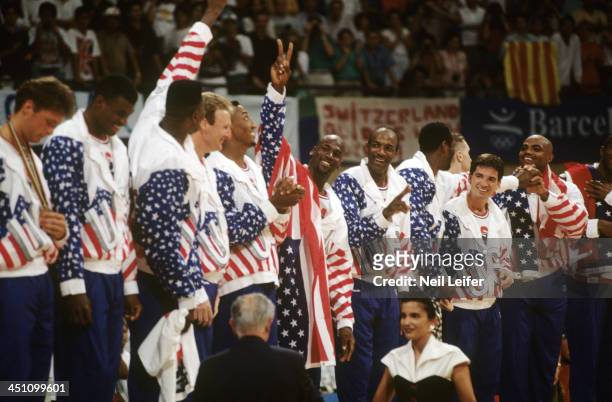 Summer Olympics: Team USA Christian Laettner, David Robinson, Patrick Ewing, Larry Bird, Scottie Pippen, Michael Jordan, Clyde Drexler, Karl Malone,...