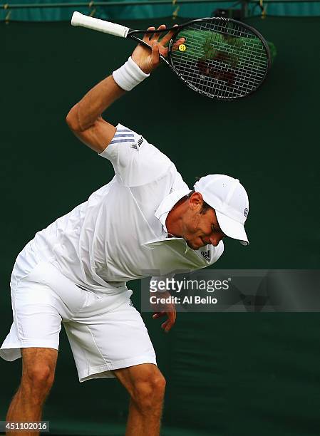 Andreas Haider-Maurer of Austria throws his raquet to the ground in frustration during his Gentlemen's Singles first round match against Kyle Edmund...