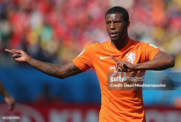 Georginio Wijnaldum of the Netherlands gestures during the 2014 FIFA World Cup Brazil Group B match between the Netherlands and Chile at Arena de Sao...