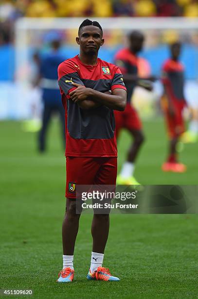 Samuel Eto'o of Cameroon looks on prior to the 2014 FIFA World Cup Brazil Group A match between Cameroon and Brazil at Estadio Nacional on June 23,...