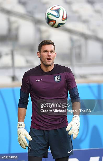 Ben Foster during an England training session ahead of the 2014 FIFA World Cup Brazil Group D match against Costa Rica at Estadio Mineirao on June...