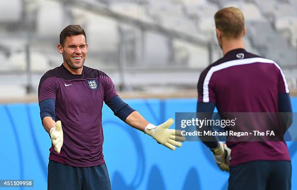 Ben Foster during an England training session ahead of the 2014 FIFA World Cup Brazil Group D match against Costa Rica at Estadio Mineirao on June...