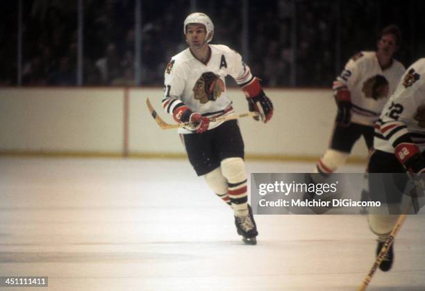 Stan Mikita of the Chicago Blackhawks skates on the ice during a 1973 Semi-Finals game against the New York Rangers in April, 1973 at the Chicago...