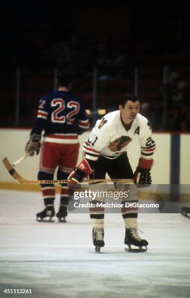 Stan Mikita of the Chicago Blackhawks warms-up before a 1973 Semi-Finals game against the New York Rangers in April, 1973 at the Chicago Stadium in...