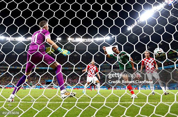 Javier Hernandez of Mexico scores his team's third goal past goalkeeper Stipe Pletikosa of Croatia during the 2014 FIFA World Cup Brazil Group A...