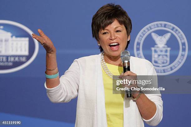 White House Senior Advisor Valerie Jarrett speaks during the White House Summit On Working Families at the Omni Shoreham hotel June 23, 2014 in...