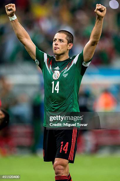 Javier Hernandez of Mexico acknowledges the fans after a 3-1 victory in the 2014 FIFA World Cup Brazil Group A match between Croatia and Mexico at...