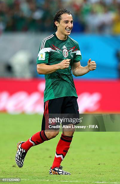 Andres Guardado of Mexico celebrate the third goal by Javier Hernandez during the 2014 FIFA World Cup Brazil Group A match between Croatia and Mexico...