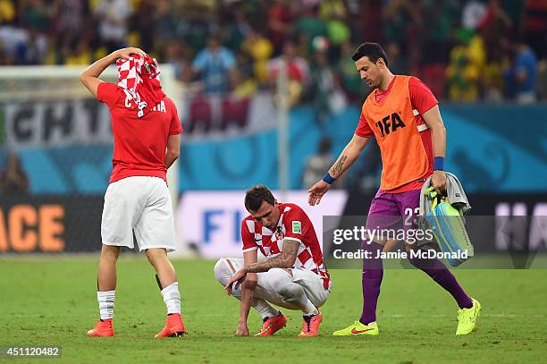 Danijel Subasic consoles Mario Mandzukic of Croatia after a 3-1 defeat in the 2014 FIFA World Cup Brazil Group A match between Croatia and Mexico at...