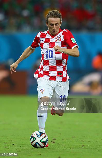 Luka Modric of Croatia on the ball during the 2014 FIFA World Cup Brazil Group A match between Croatia and Mexico at Arena Pernambuco on June 23,...