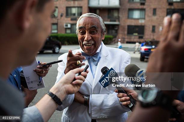 Rep. Charlie Rangel speaks to the media while campaigning in New York's 13th District on June 23, 2014 in the Harlem neighborhood of New York City....