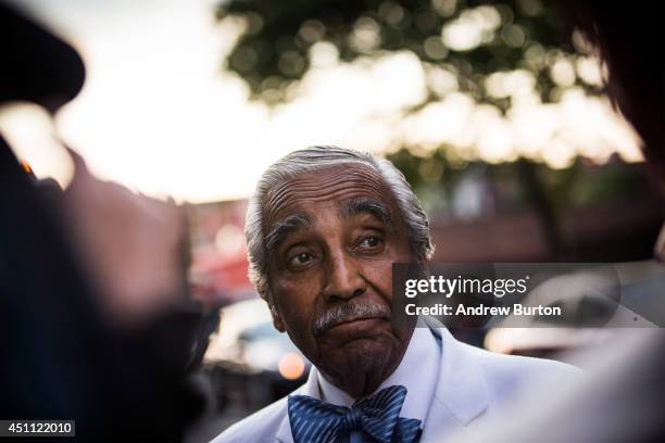 Rep. Charlie Rangel speaks to the media while campaigning in New York's 13th District on June 23, 2014 in the Harlem neighborhood of New York City....