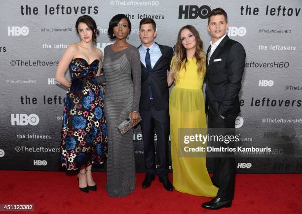 Actors Margaret Qualley, Amanda Warren, Charlie Carver, Emily Meade and Max Carver attend "The Leftovers" premiere at NYU Skirball Center on June 23,...