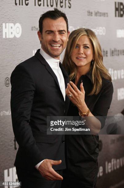 Actors Justin Theroux and Jennifer Aniston attend "The Leftovers" premiere at NYU Skirball Center on June 23, 2014 in New York City.
